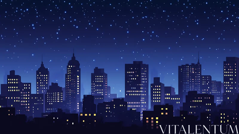 Starlit city skyline glowing softly against deep blue night.
