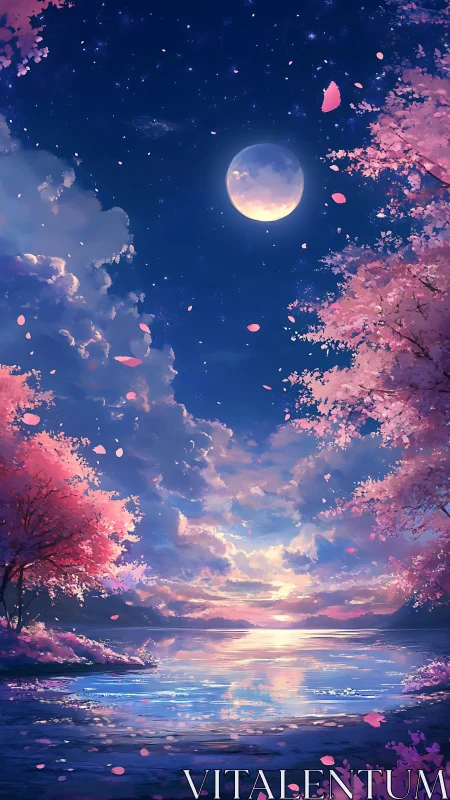 Moonlit cherry blossom lake glows gently under a starry sky