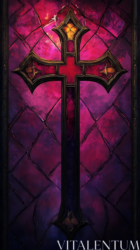 Gothic cross window glows within vivid magenta stained glass.