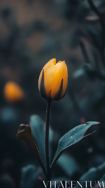 Yellow tulip bloom with water droplets against dark blurred background.