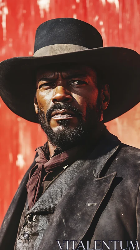 Grim cowboy portrait against bold red rustic backdrop.