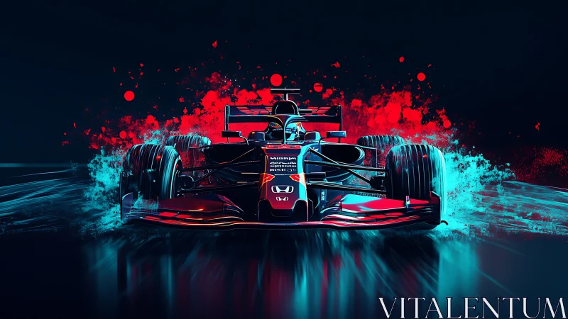 Neon Formula race car blasting through abstract color field.