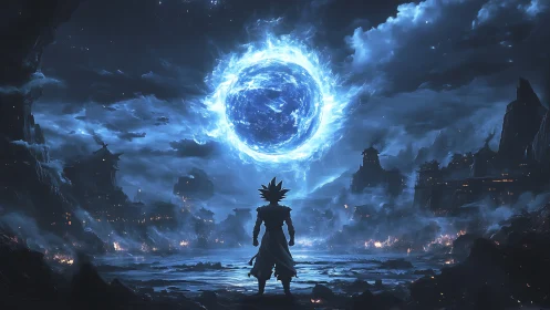 Cosmic warrior faces blazing energy sphere over ruined realm.