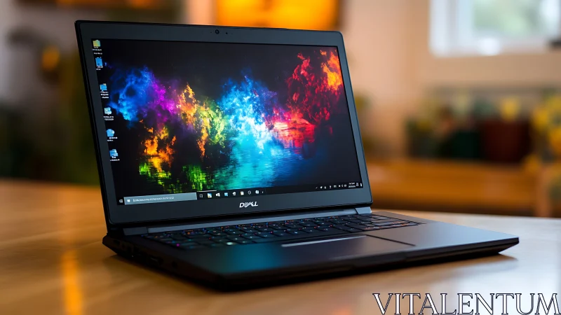 Slim Dell laptop on desk shows vivid high-gamut IPS display