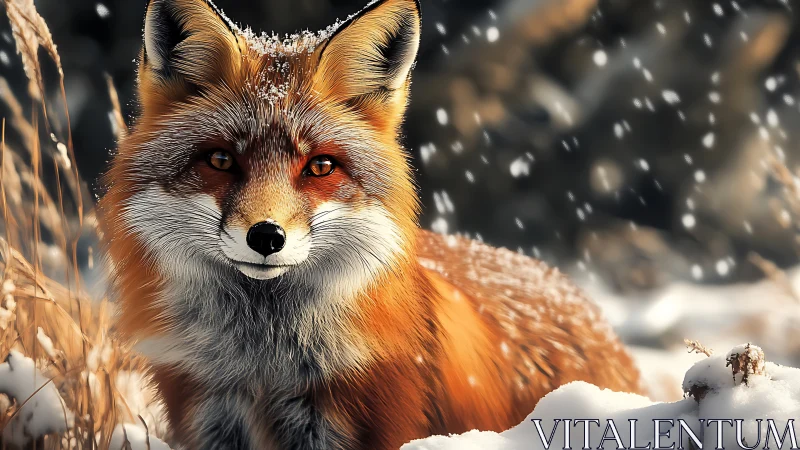 Red fox in snowfall rendered with high-detail photorealism