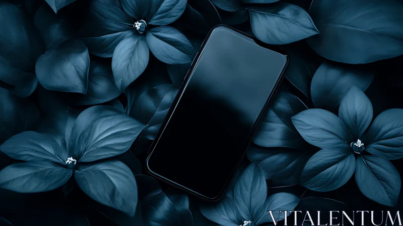 Dark Floral Minimalism: Smartphone Nestled Among Teal Petals
