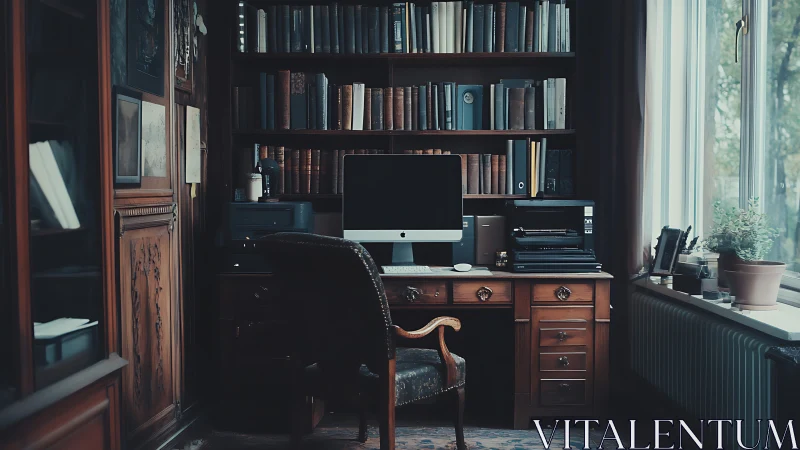 Computer workstation sits in classic wood paneled home library