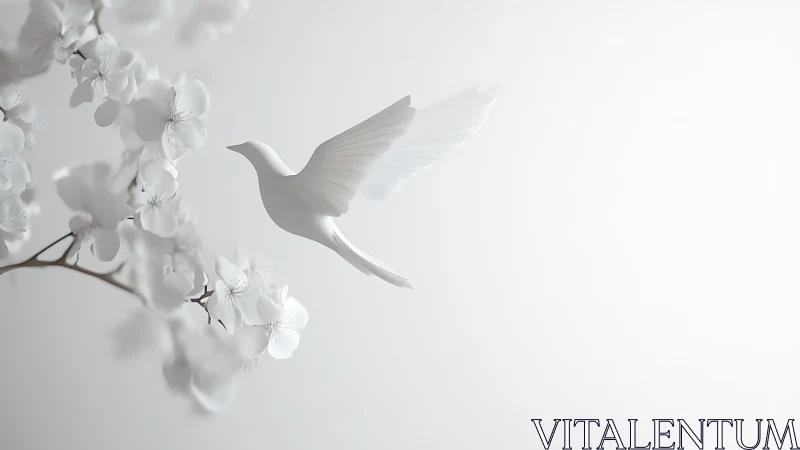 White stylized bird hovers beside light blossoms on branch