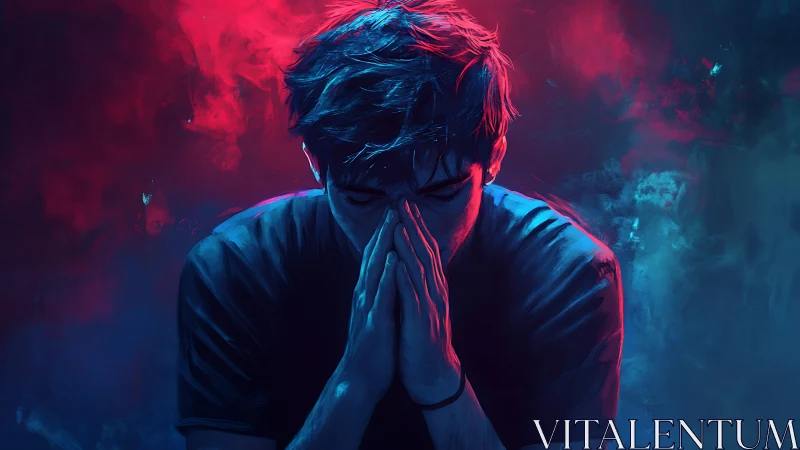 Digital painting of contemplative figure in neon chiaroscuro.