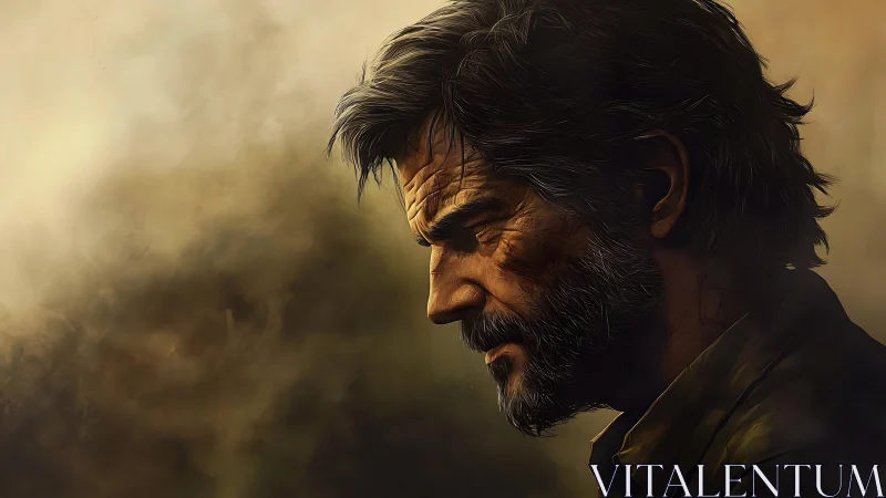 Side profile of older bearded man in subdued lighting.