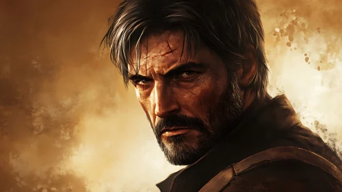 Weathered wanderer gazing through dust and quiet fire.