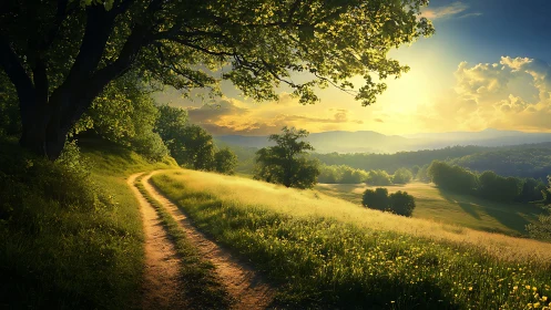 Sunlit country path drifting into hazy golden horizons.