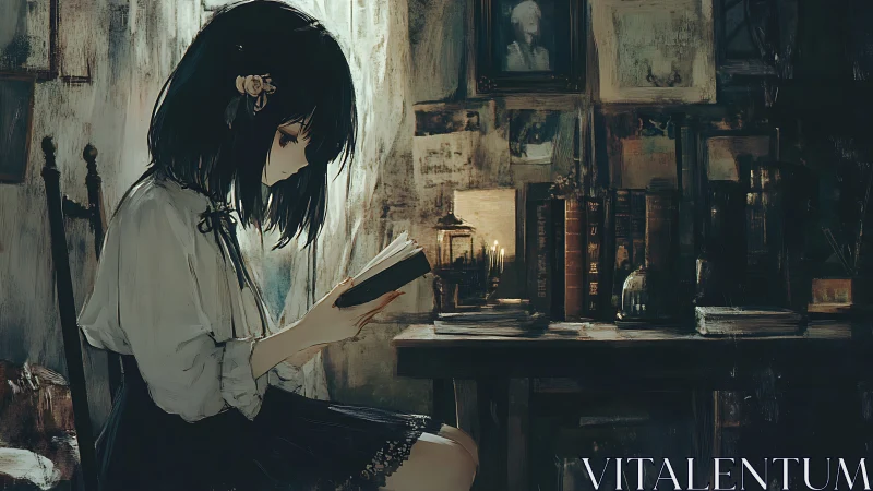 Girl reading in dim interior with books and candlelight.