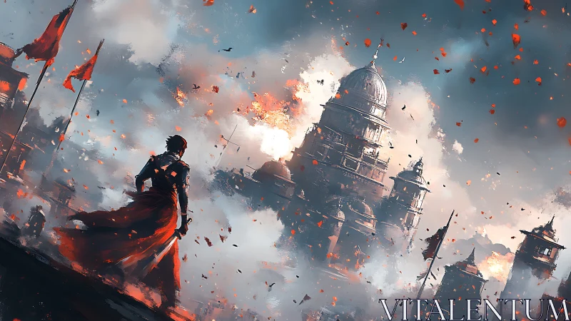 Warrior watches burning domed fortress under falling embers