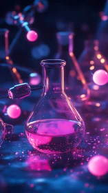 Glowing science flask shimmering with playful neon color.