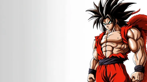 Scarlet-clad anime warrior with spiked hair stands poised.