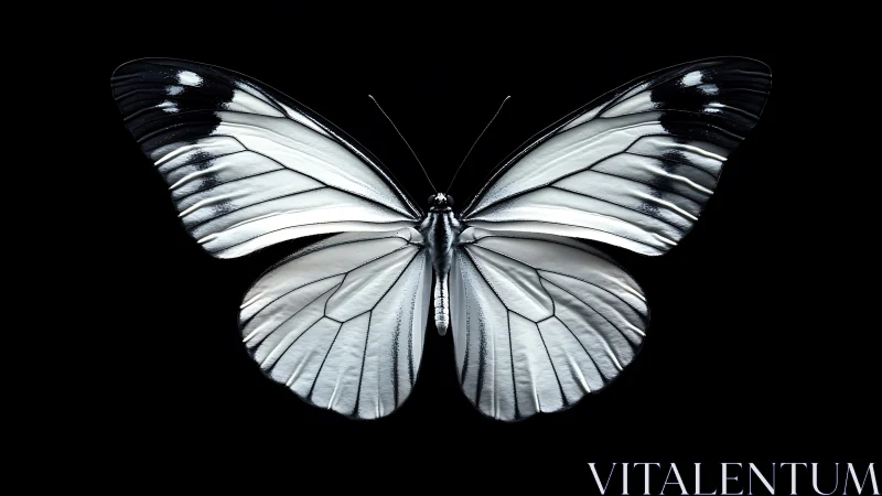 Monochrome butterfly wings glowing in a velvet black night.