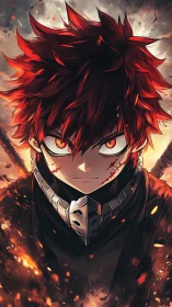 Scarred red haired anime warrior in fiery battle glare.