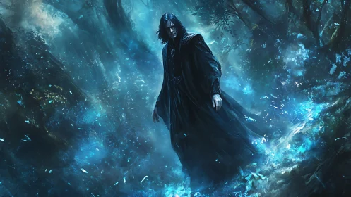 Dark mage walking through bioluminescent spectral forest.