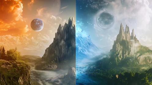 Twin fantasy worlds meeting at a glowing mountain divide.