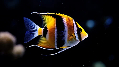 Striped reef angel glows like stained glass in midnight sea.