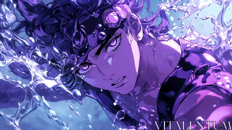 Violet currents cradle the swimmer’s sharp, luminous gaze