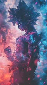 Silhouetted muscular figure stands amid contrasting energy fields