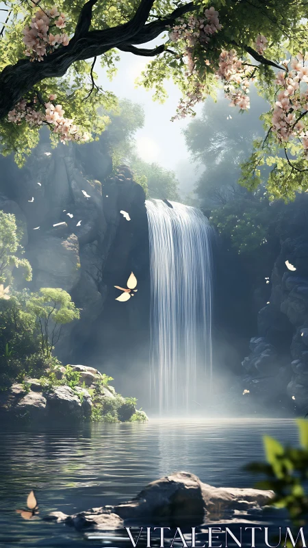 Tranquil waterfall pool framed by blossoms and soft light.