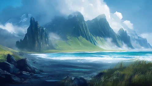 Dramatic Mountain Coastline With Towering Peaks.