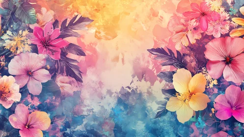 Floral Abstraction: Chromatic Gradient with Layered Botanical Composite