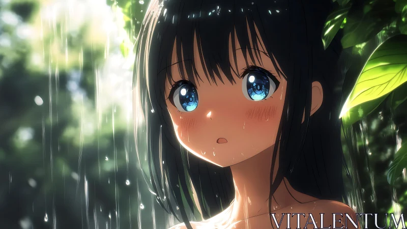 Rain-soaked anime girl rendered with luminous bokeh depth