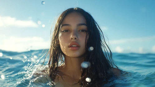 Young woman partially submerged in calm blue ocean water.