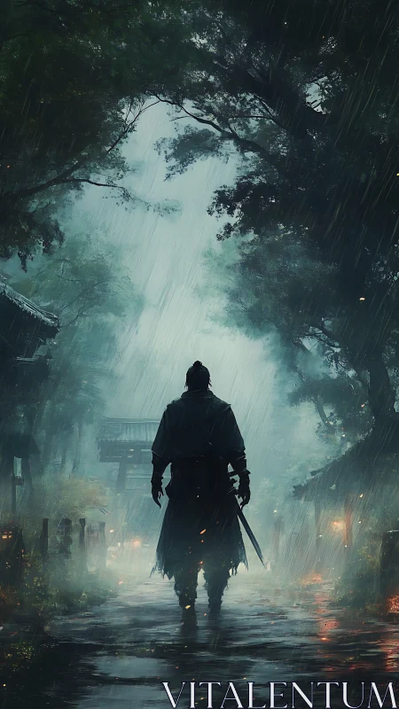 Lone wandering swordsman in a rainy forest village street.