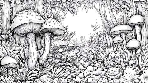 Mushroom Forest Floor: Intricate Black and White Line Illustration.