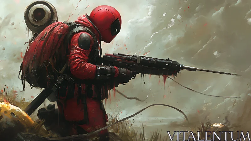 Red-armored figure with rifle in foggy, debris-strewn field.