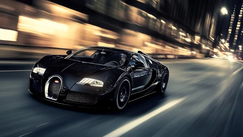 Midnight hypercar sprint with dynamic urban light trails.