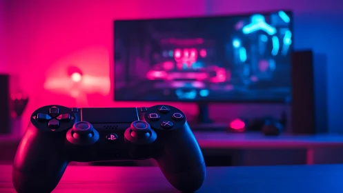 DualShock controller in RGB-lit gaming setup with shallow focus
