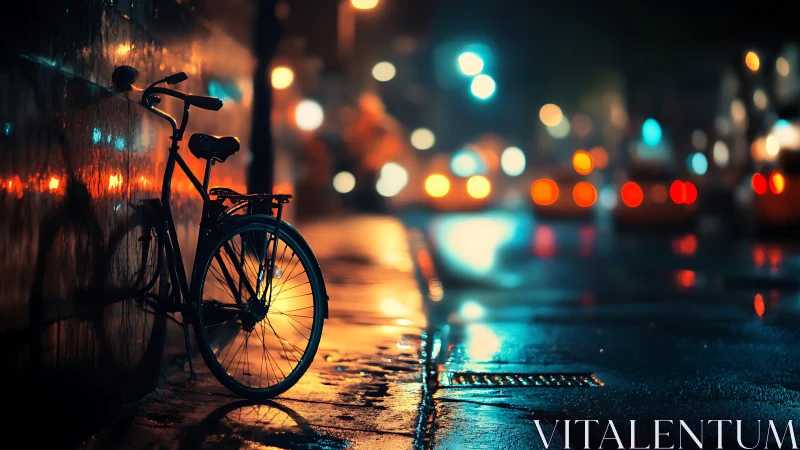 Urban Bicycle at Night: Cinematic Bokeh and Wet Street.