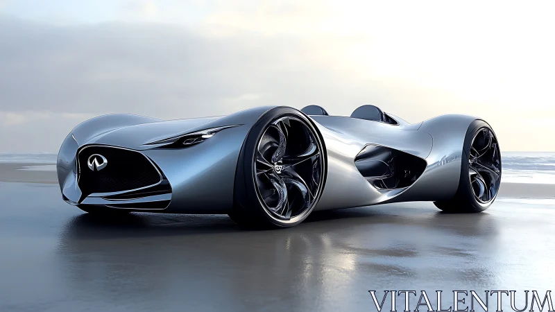 Silver Infiniti concept speedster on reflective beach surface.