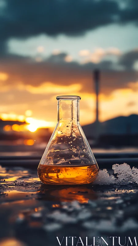 Erlenmeyer flask with amber solution in sunset backlight.