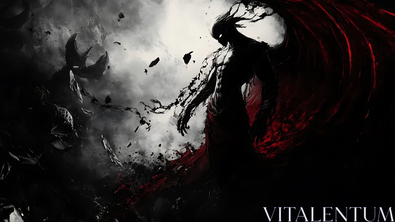 Entropy wreathed humanoid entity in red-black volumetric storm.