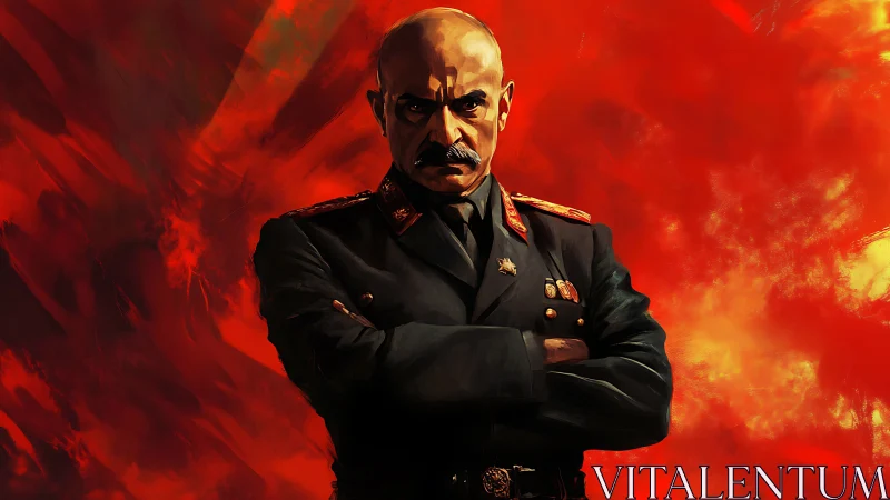 Military officer portrait against intense red backdrop.