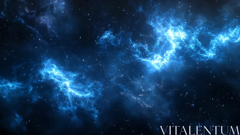 Electric blue nebula arcs across deep star field sky.