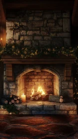 Stone fireplace with candle, logs and warm fire glow.