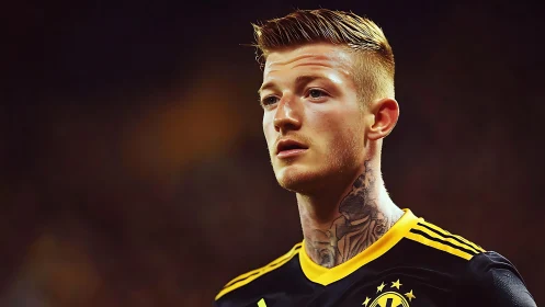 Stadium lights crown a focused, inked football warrior.