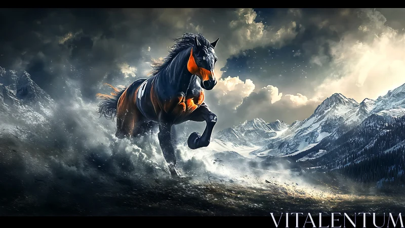 Horse moves through snow against dark, mountainous backdrop