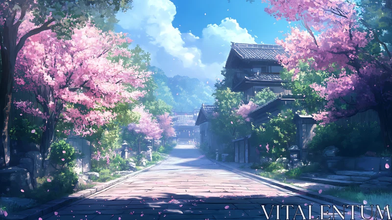 Cherry tree lined street beside traditional wooden houses.