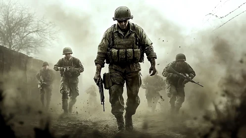 Battle-hardened soldiers advance through smoke and chaos.