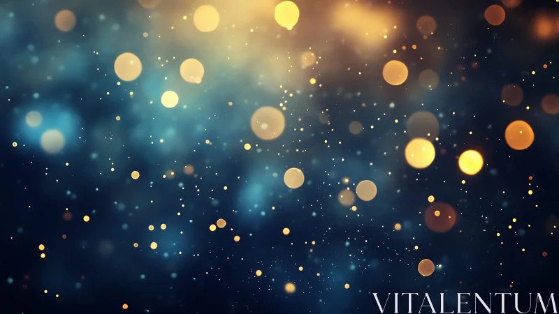 Abstract golden bokeh lights on dark blue background, digital art.
