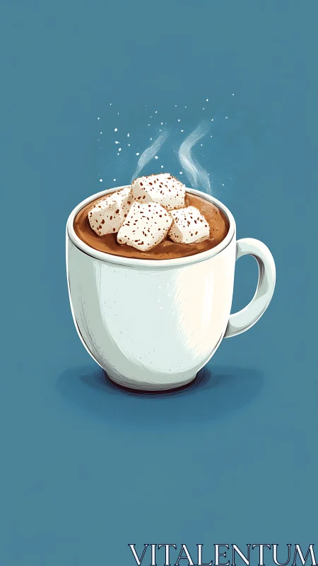 White mug of hot chocolate with marshmallows illustration.